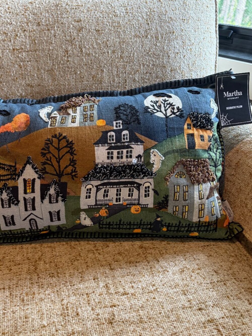 Martha Stewart Halloween Village Lumbar Pillow 14x24" NWT fall spooky decor htf
